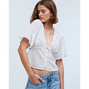 Madewell Women's Bell Sleeve Tie-Front Button Top in Eyelet Soft White Size XS